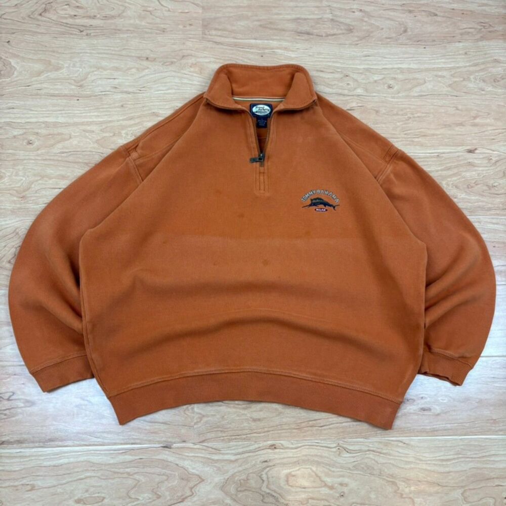 Tommy Bahama Burnt Orange Quarter Zip Cotton Pullover Large